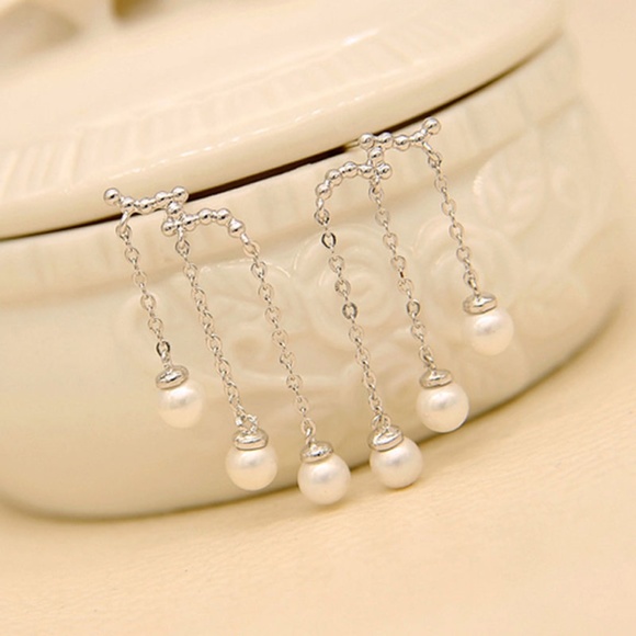 Jewelry - .925 Silver White Faux Pearl Long Tassel Earrings